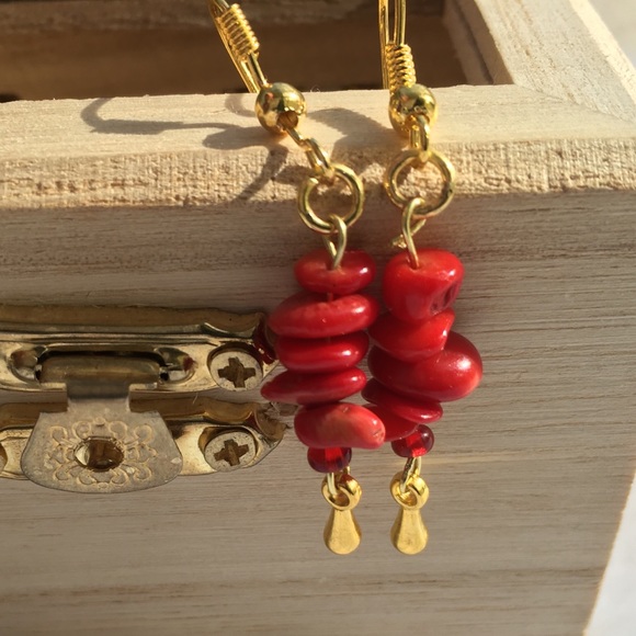 Handmade Red Coral Healing Stone Hook Earrings CCO - Picture 3 of 3